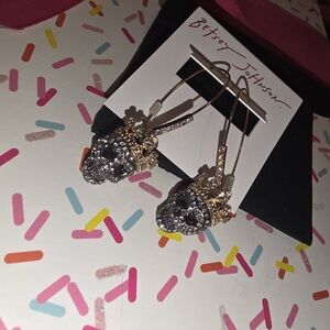 Betsey Johnson Punk Rock Royalty Rhinestone Skull Dangle Earrings in Silver